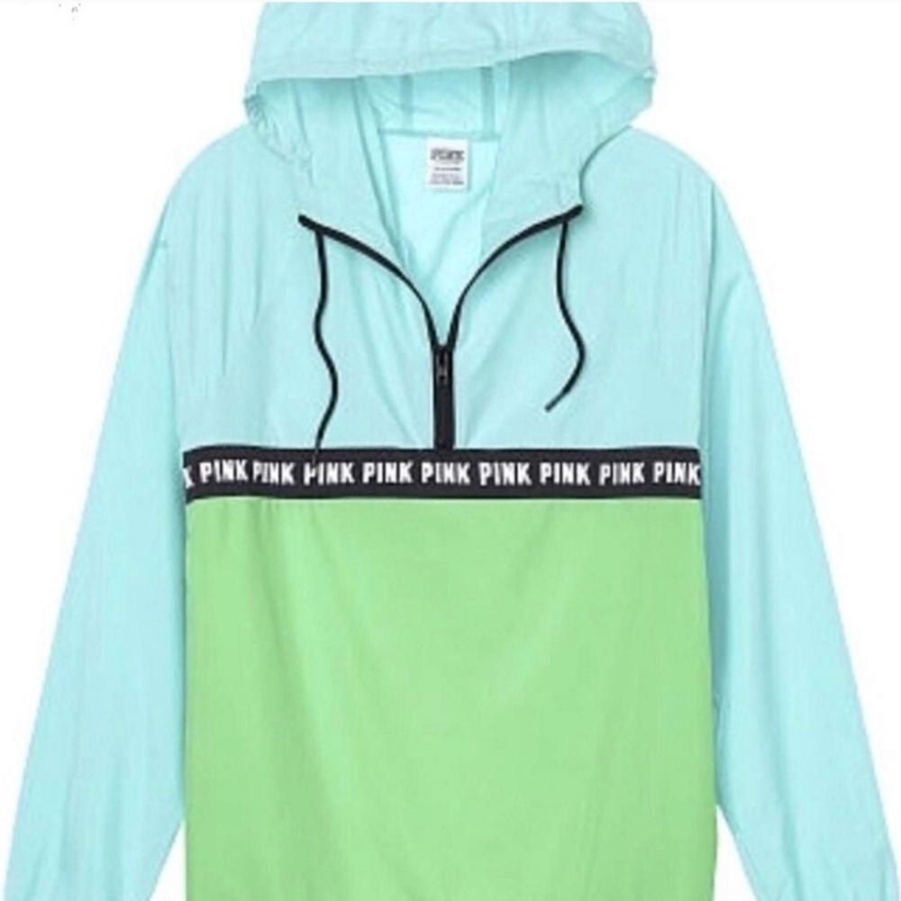 Victoria's Secret Pink Anorak Windbreaker Quarter Zip Jacket Green/Blue | XS 🧥☔